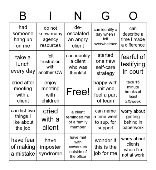Caseworker Bingo Card
