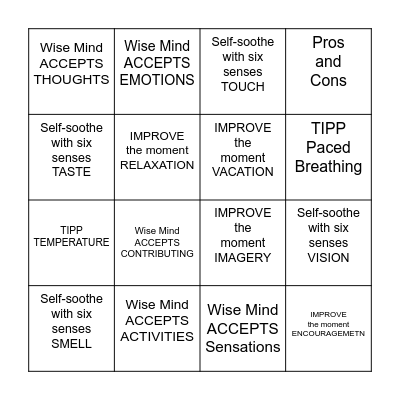 Distress Tolerance BINGO Card