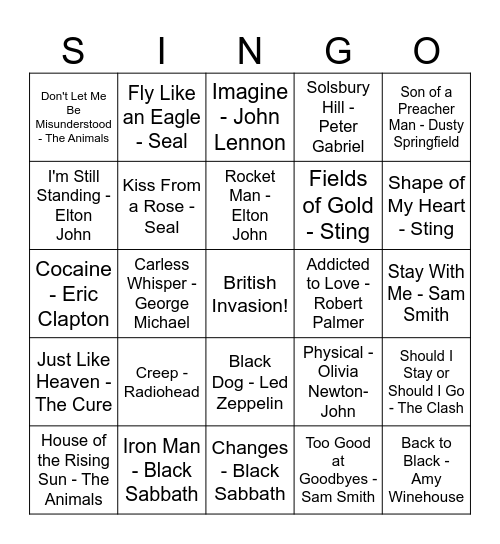 British Invasion Bingo Card