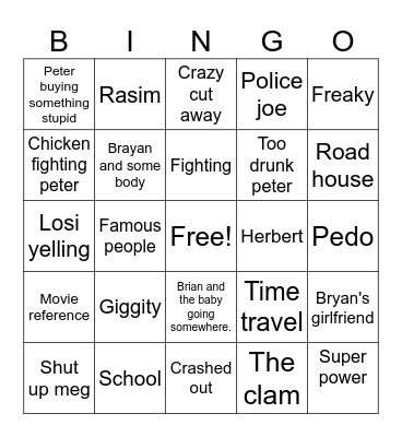 Family guy Bingo Card
