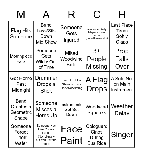 Marching Band Bingo Card