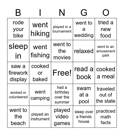 What did you do over the Summer!!!! Bingo Card