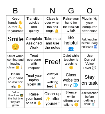 Computer Classroom Expectations Bingo Card