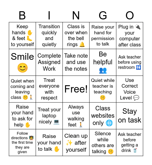 Computer Classroom Expectations Bingo Card