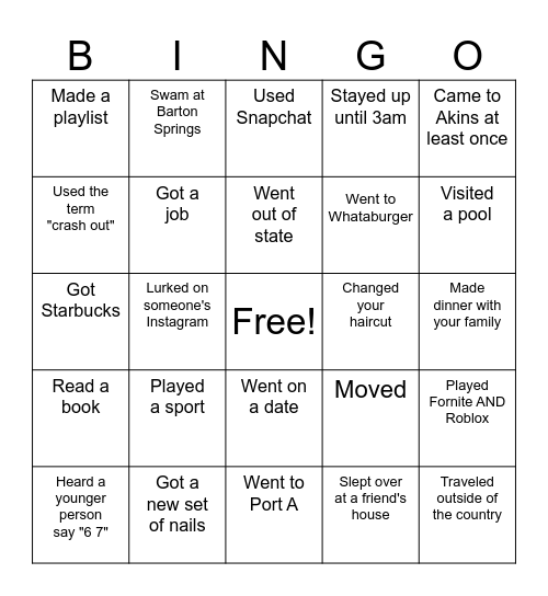 Summer 2025 Bingo Card