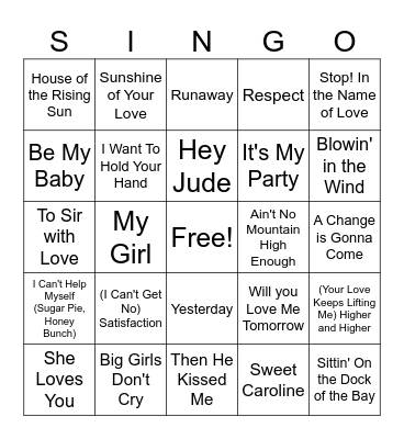 Singo 1960s Hits Bingo Card