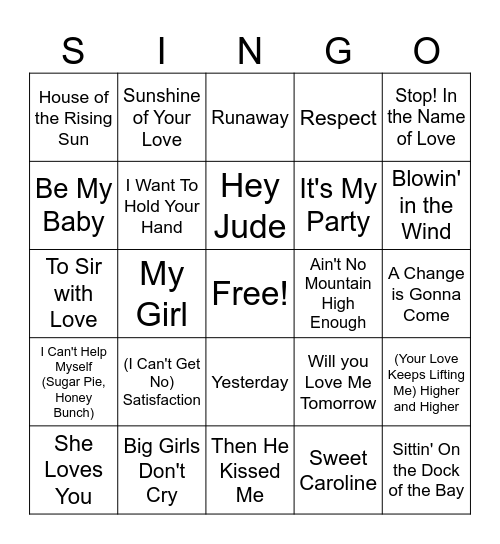Singo 1960s Hits Bingo Card