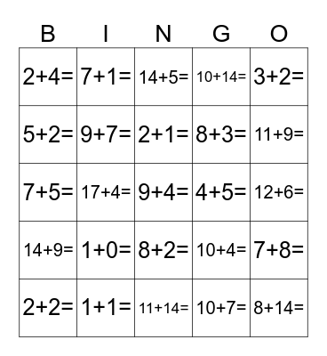 Addition to 25 Bingo Card