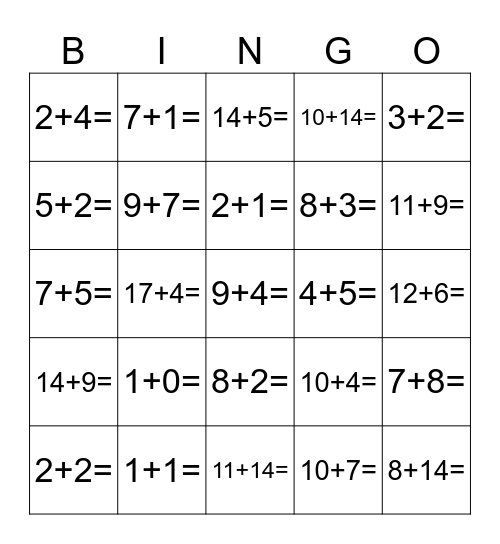 Addition to 25 Bingo Card