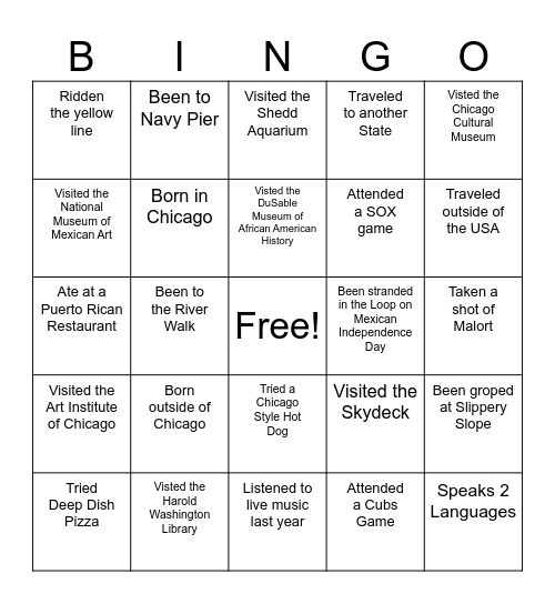 Chicago Social Bingo Card