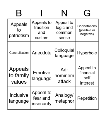 Persuasive Device- VCE English Bingo Card
