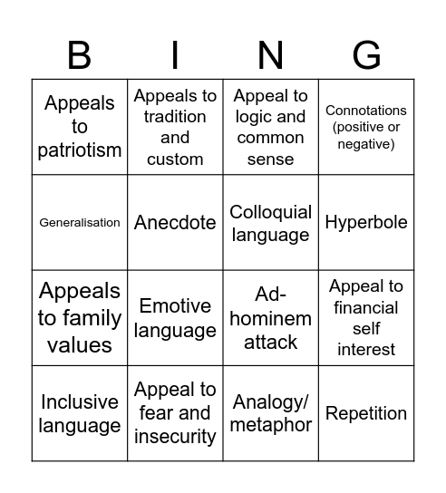 Persuasive Device- VCE English Bingo Card