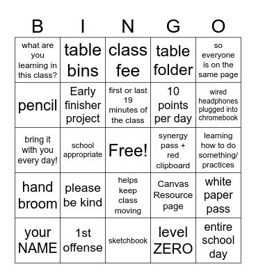 Syllabus, Policies, Procedures Bingo Card
