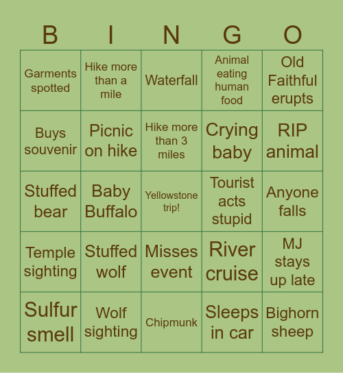 Yellowstone Bingo Card
