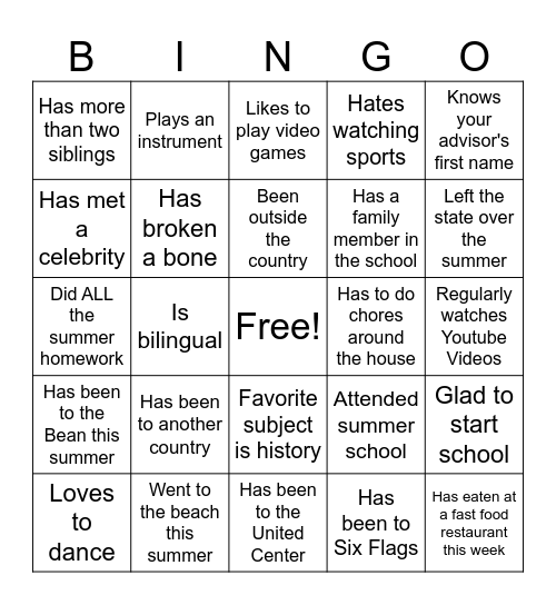 First Day of School Bingo Card