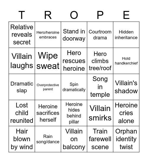 Bollywood Tropes Bingo Card