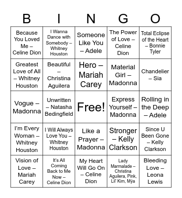 Divas & Power Ballads Bingo Card