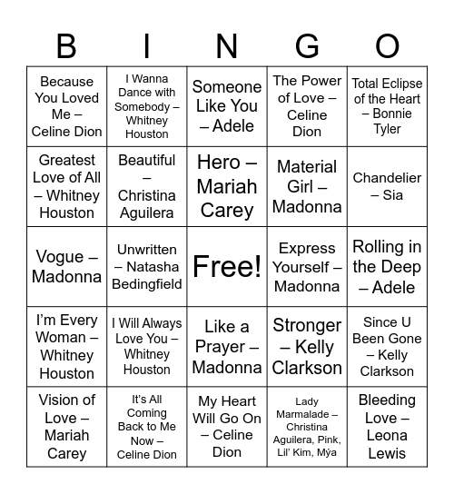 Divas & Power Ballads Bingo Card