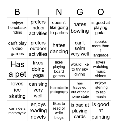 Interests & Hobbies Bingo Card