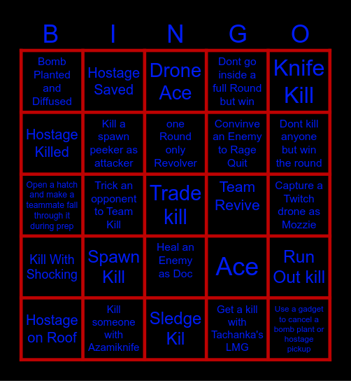 Rainbow Six SIege Bingo Card