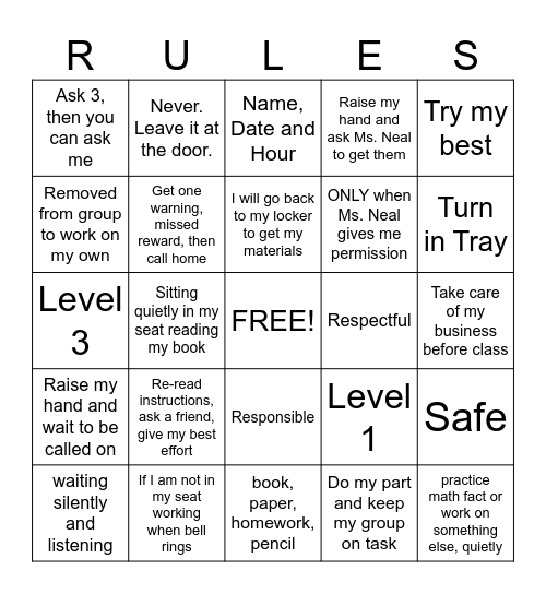Classroom Rules, Expectations, & Procedures Bingo Card