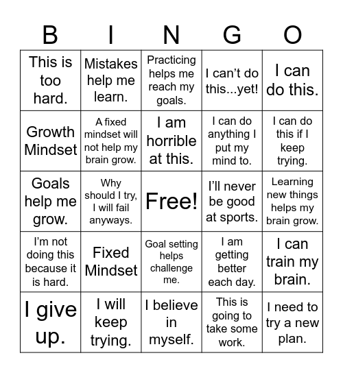 Growth Mindset Bingo Card