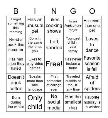 First Day Bingo Card