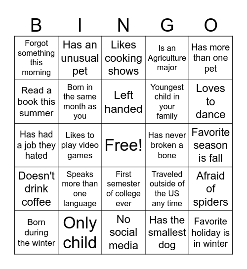 First Day Bingo Card