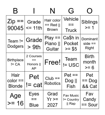 APCSP Boolean Bingo Card
