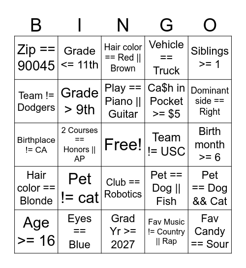 APCSP Boolean Bingo Card