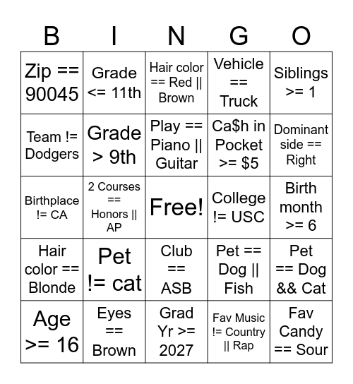 APCSP Boolean Bingo Card
