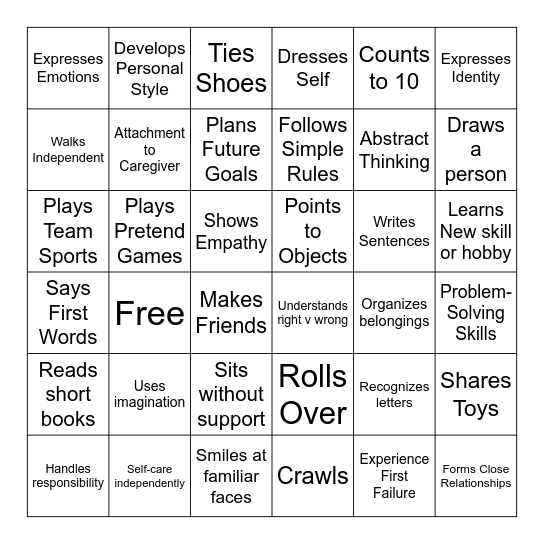 Developmental Milestones Bingo Card