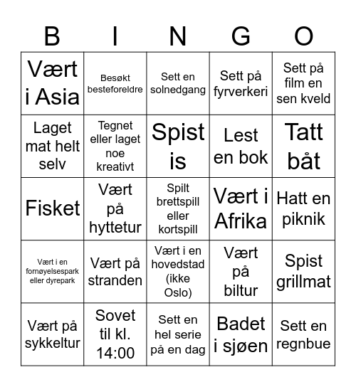 Sommerferie Bingo Card