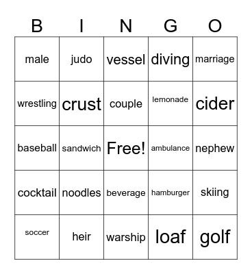family & Food & Sport & Drink & Transportation Bingo Card