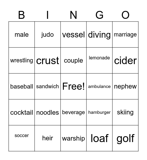 family & Food & Sport & Drink & Transportation Bingo Card