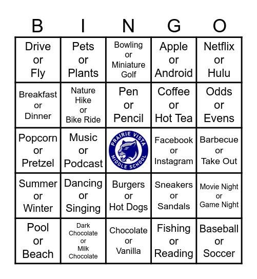 PVMS Summer Mix and Mingle Bingo Card