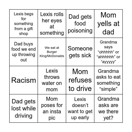 BLATTER FAMILY BINGO!!! Bingo Card