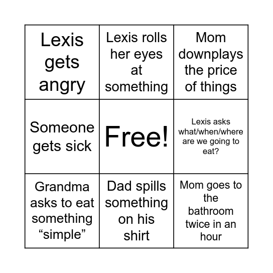 BLATTER FAMILY BINGO!!! Bingo Card