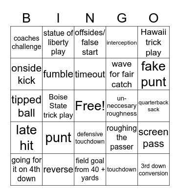 Boise State vs Hawaii Bingo Card