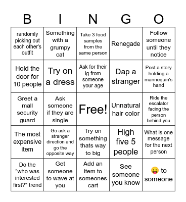 Mall Dare Bingo Card