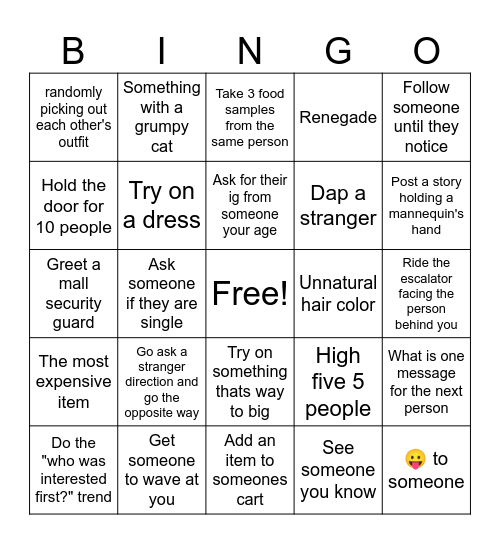 Mall Dare Bingo Card
