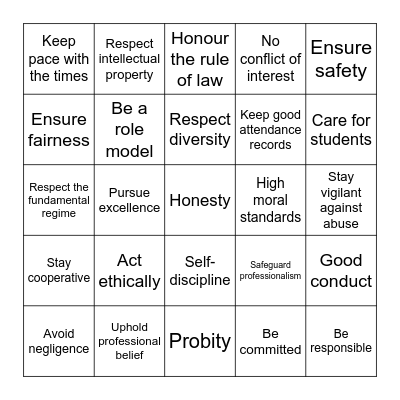 1st round -- Elements of professional conduct Bingo Card