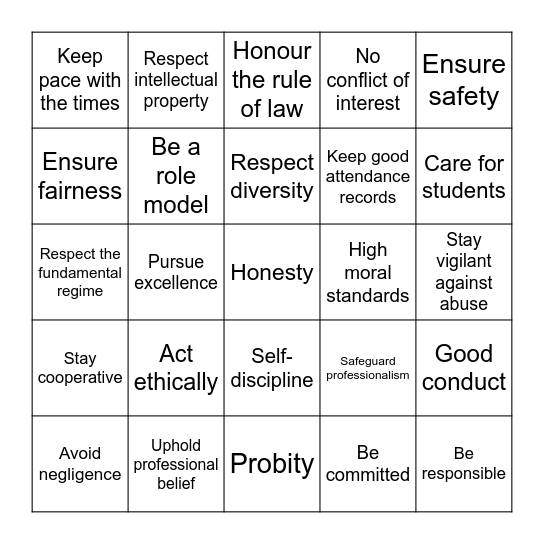 1st round -- Elements of professional conduct Bingo Card