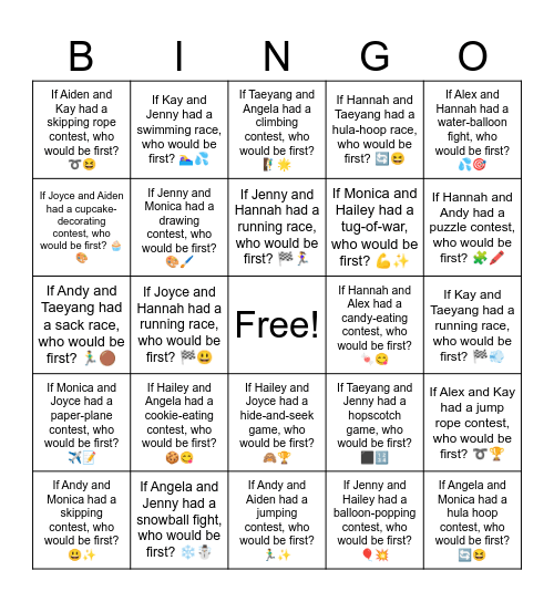 If Aiden and Angela had a kite-flying contest, who would be first? 🪁🌬️ Bingo Card