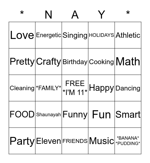 SHAUNAYAH'S 11TH BIRTHDAY Bingo Card