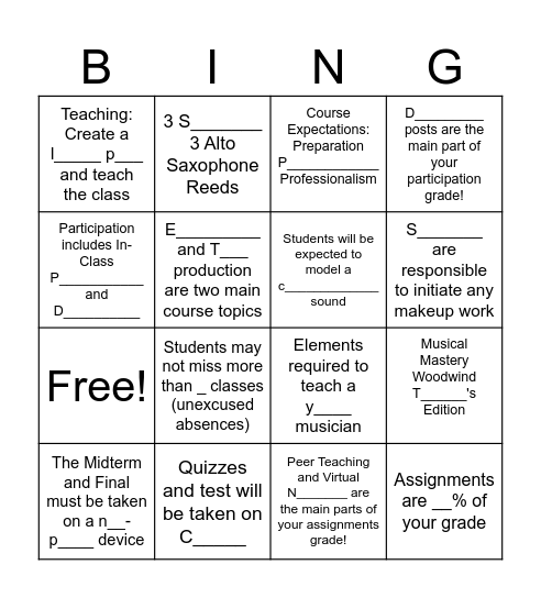 WW Methods Syllabus Bingo Card