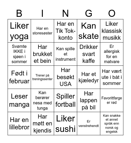 Bli kjent-Bingo Card