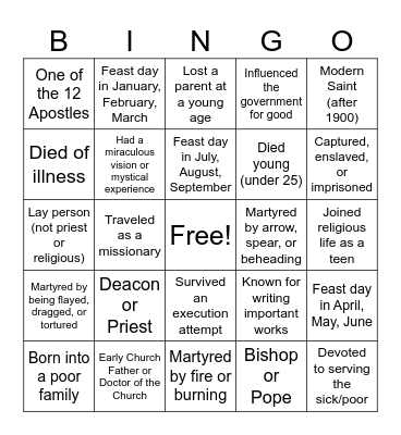 Saint Bingo Card