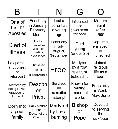 Saint Bingo Card