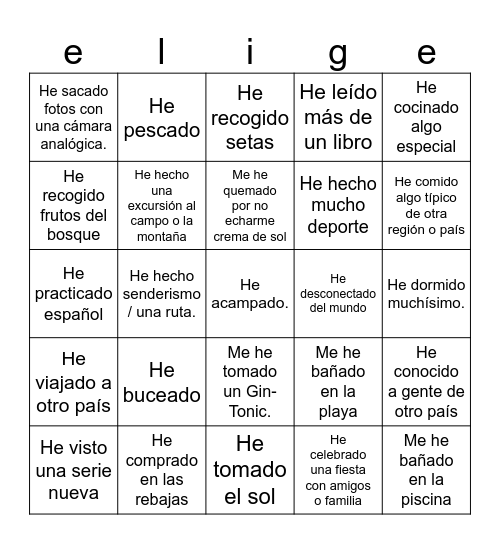 el bingo del verano Bingo Card